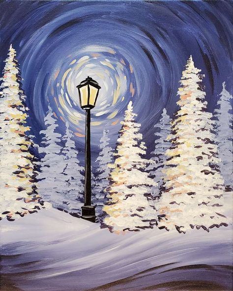 Winter Scene Paintings, Sunset Canvas Painting, Christmas Window Painting, Winter Drawings, Painting Parties, Christmas Canvas Art, Light Post, Wine Painting, Christmas Paintings On Canvas