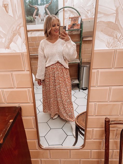 Sundress And Sweater Outfit, Maxi Dress With Cropped Sweater, White Sweater Over Dress, Sweater And Dress Outfit Layering, Chunky Sweater Over Dress, Sweater With Maxi Dress, Fall Maxi Skirt Outfits With Boots, Layering Sweaters Over Dresses, Sweater Over Maxi Dress Outfit