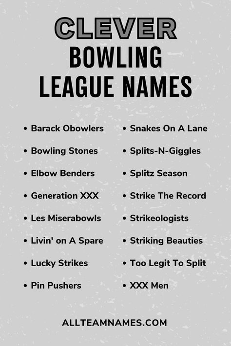 clever bowling league names list Bowling League Names, Bowling Party Awards, Running Team Names, Crossfit Team Names, Fun Bowling Challenges, Bowling Sayings Funny, Bowling Team Names, Hockey Team Names, Best Team Names