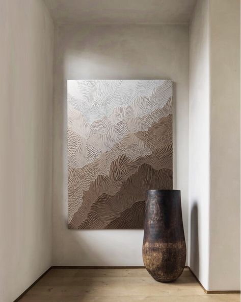 Textured Art on Instagram: “The ultimate wabi-sabi entrance with a large textured artwork. I love taking my past work and imagining what spaces they would occupy.…” Brown Abstract Painting, Earth Texture, Beige Painting, Pink Abstract Painting, Wabi Sabi Wall, Wabi Sabi Wall Art, Big Wall Art, Brown Painting, Oil Painting Texture