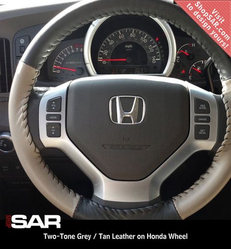 Two-tone Grey Top/Bottom and Tan Sides Leather Steering Wheel Cover (no perforation) on a Honda Wheel. #Honda Leather Steering Wheel Cover, Leather Steering Wheel, Honda Hrv, Suzuki Samurai, Car Upholstery, Steering Wheel Cover, Grey Top, Wheel Cover, Land Cruiser