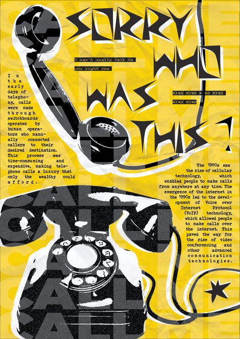 #graphicdesign #poster #typography #illustrator #photoshop #adobe #behance #itsnicethat #punk #yellow #telephone Graphic Design Posters Yellow, Newspaper Graphic Design Poster, Retro Phone Illustration, Typography Event Poster, Advertisement Poster Ideas, Phone Poster Design, Office Poster Design, Aesthetic Advertisement, Punk Poster Design