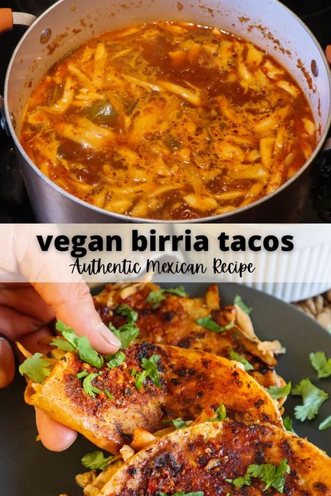 These cheesy vegan birria tacos are a combination of a quesadilla and saucy taco all in one. The best part is you get to dip it in a savory and comforting broth! This is the ultimate vegan mexican comfort food. Make it for a family party, dinner night or Cinco De Mayo. #plantbased #vegan Vegan Birria Tacos, Cheap Vegan Meal Plan, Quesabirria Tacos, Cheesy Quesadilla, Birria Recipe, Tacos Vegan, Mexican Comfort Food, Cheap Vegan Meals, Healthy Vegan Dinner Recipes