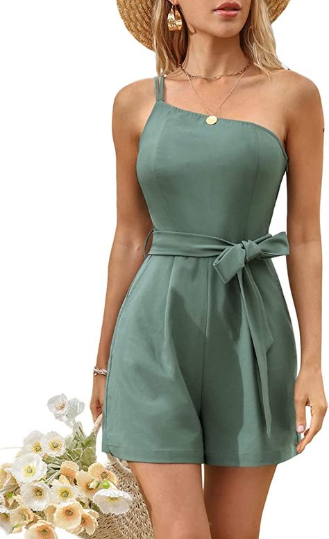 Amazon.com: Kate Kasin Women Summer Green Beach Romper Sexy One Shoulder Smocked Short Jumpsuit with Pockets L : Clothing, Shoes & Jewelry Romper 2023, Vacation Clothes For Women, Green Jumpsuit Outfit, Awesome Kate, Vacation Outfits Women, Beach Rompers, Jumpsuit With Pockets, Beach Vacation Outfits, Stylish Skirts