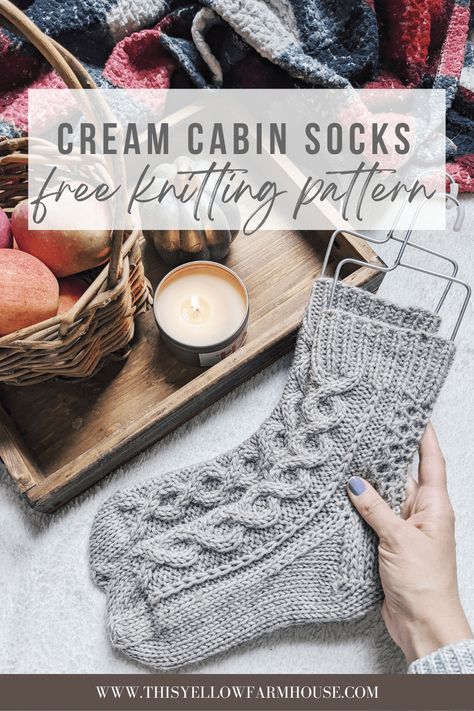 Free Cabin Sock Knitting Pattern: Cream Cabin Socks - This Yellow Farmhouse Cabin Socks Knitting Pattern, House Socks Knitting Pattern, Cable Knit Socks Pattern Free, Knitting Socks For Beginners, Knot Magic, Sock Knitting Pattern, Yellow Farmhouse, Socks Knitting Pattern, Cable Knit Socks