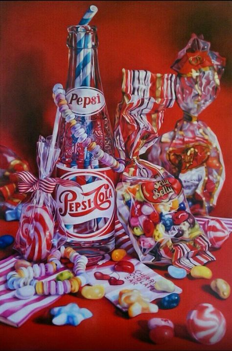 KATE BRINKWORTH http://www.widewalls.ch/artist/kate-brinkworth/ #contemporary art #design #photorealism Kate Brinkworth Gcse Art, Kate Brinkworth, Candy Painting, Sweets Art, Still Life Artists, Candy Art, Food Painting, Food Projects, Pepsi Cola