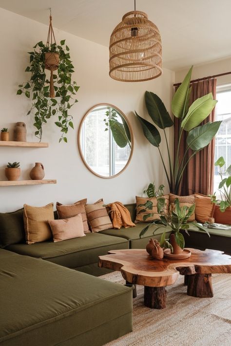 Boho Green Apartment, Boho Corner Decor, Bohemian Sectional, Japandi Boho, Green Couch Living Room, Boho Living Room Inspiration, Earthy Living Room, Earthy Home Decor, Earthy Home