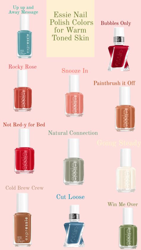 Essie Nail Polish for Warm Toned Skin #softautumn #deepautumn #trueautumn #lightspring #brightspring #warmspring #nailpolish #essie #essienailpolish Warm Skin Tone, Essie Nail Polish, Bright Spring, Essie Nail, Color Analysis, Mani Pedi, Essie, Skin Tone, Pretty Nails