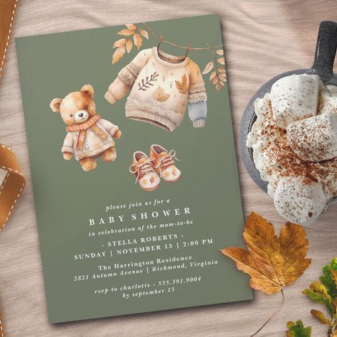 Dark Forest Green Cute Neutral Autumn Baby Shower Invitation November Baby Shower, Fall Baby Shower Invites, Boy Shower Invitations, Blue Cute, Modern Fall, Earth Tone Colors, Invitation Ideas, Baby Shower Invites, Baby Shower Fall