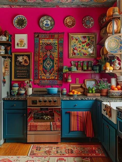 20 Boho Kitchen Ideas That Prove Bohemian Style Is the New Luxury - Home Made Graceful Colorful Eclectic Kitchen, Boho Kitchen Ideas, Mexican Kitchen Decor, Makeover Kitchen, Cabinets Makeover, Boho Kitchen Decor, Bohemian Kitchen, Mexican Home Decor, Deco Rose