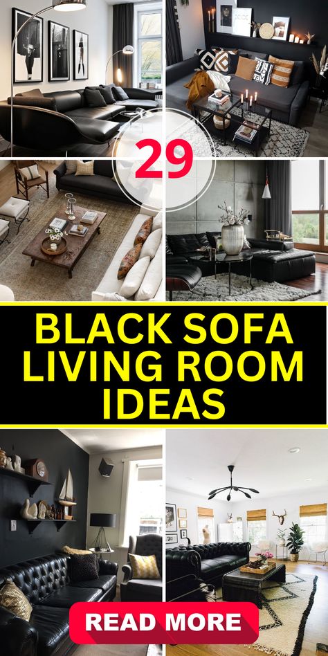 29 Black Sofa Living Room Ideas to Revamp Your Space | Comfy and Chic - placeideal.com Black Leather Sofa Decor, Black Leather Sofa Living Room Decor, Black Sofa Living Room Ideas, Black Sectional Living Room, Black Sofa Decor, Black Leather Sofa Living Room, Black Leather Couch Living Room, Living Room Design Black, Velvet Sofa Living Room Ideas