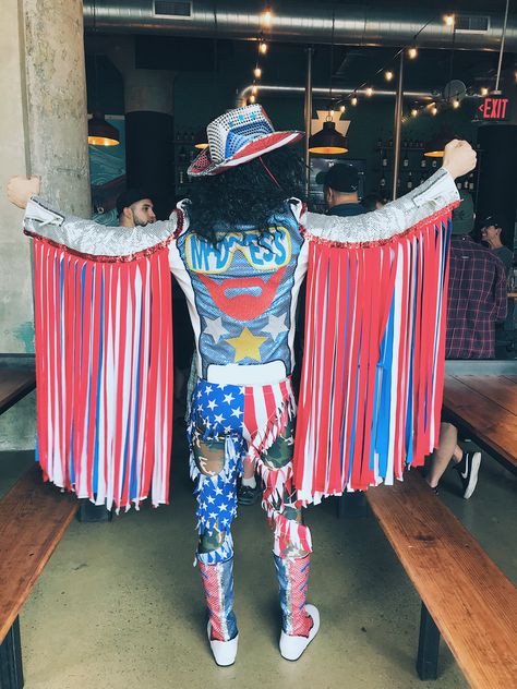 DIY Macho Man Costume #MachoManRandySavage #machoman #machomanusa #machomancostume Macho Man Costume, Usa Costume, Wrestling Tights, Macho Man Randy Savage, Birthday Bar, Macho Man, Diy Valentines Gifts, Valentines Diy, Blue Jacket