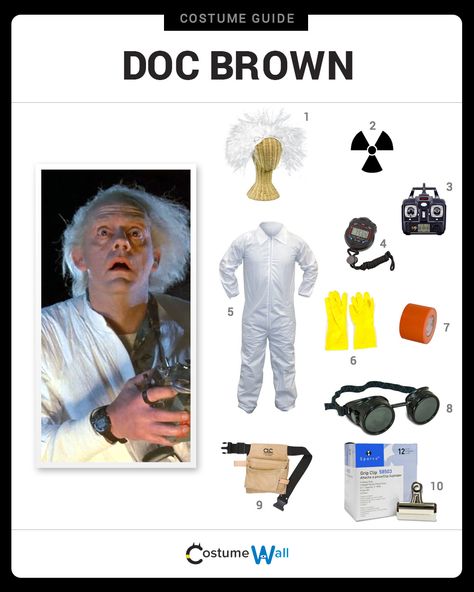 Dress like Doc Brown from Back to the Future. Get cosplay inspiration and more Back to the Future costume ideas. Doc Brown Costume Diy, Doc And Marty Mcfly Costume, Back To The Future Aesthetic Outfit, Back To Future Costume, Back To The Future Outfit Ideas, Back To The Future Costume Ideas, Marty Mcfly And Doc Brown Costume, Back To The Future Outfits, Back To The Future Costume Couple