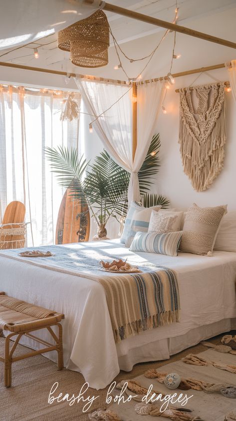 Bohemian coastal bedroom with white canopy bed, macramé wall hangings, rattan furniture, and ocean-inspired decor under flowing natural light. Beachy Boho Bedroom, Coastal Artwork, Agriculture Industry, Boho Bedroom Ideas, Beach Finds, Beachy Boho, Beach Bedroom, Coastal Retreat, Leisure Arts