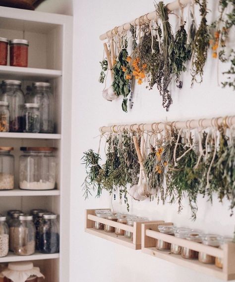 𝙿𝚄𝚁𝙴 𝙲𝙾𝙽𝙽𝙴𝙲𝚃𝙸𝙾𝙽 on Instagram: “Dreaming of this kitchen on this autumnal Sunday morning. How great do these drying herbs look. Basil & Rosemary are my favourites. Does…” Diy Herb Drying Rack, Diy Herb Drying, Herb Drying Rack, Herb Drying, Harvest Garden, Garden Harvest, Ideas Backyard, Backyard Projects, Boho Home