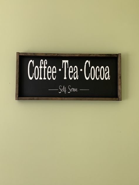 Coffee, tea and cocoa sign for a coffee bar. Coffee Signs Diy, Coffee And Tea Bar, Bar Signs Diy, Coffee Signage, Coffee Bar Station, Bar Signage, Diy Coffee Bar, Coffee Bar Design, Coffee Nook