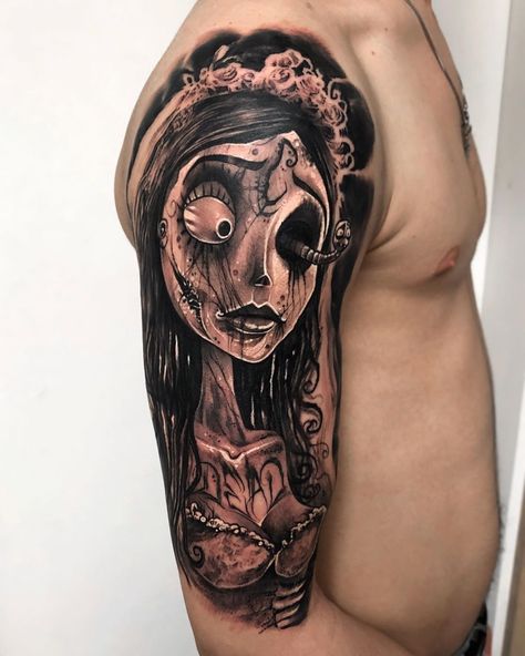 Beautiful Nightmare Tattoo, Anrijs Straume, Corpse Bride Tattoo, Bride Tattoo, Artists Studios, Brides With Tattoos, Stomach Tattoos, E Tattoo, Large Tattoos