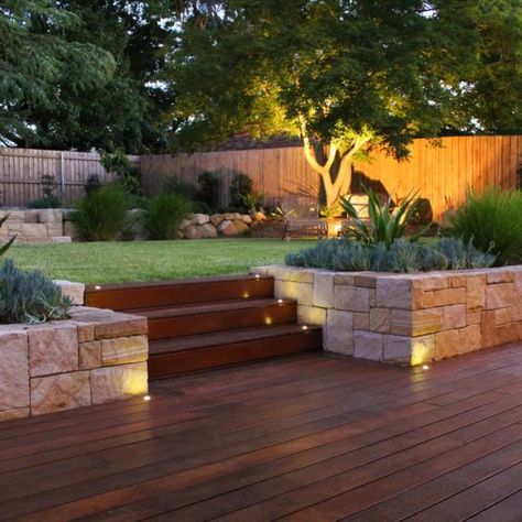 Projects | Stone Lotus Modern Garden Landscaping, Sloped Backyard Landscaping, Modern Gardens, Sloped Backyard, Landscaping Retaining Walls, Modern Backyard Landscaping, Wooden Deck, Garden Modern, Garden Stairs