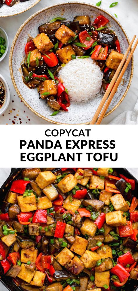 This copycat recipe of Panda Express Eggplant Tofu combines crispy tofu, fried eggplants, and red peppers with a sticky sweet and spicy sauce! It makes the perfect weeknight dinner because it can be on the table in around 30 minutes. Vegan and gluten-free! Panda Express Tofu And Eggplant Recipe, Panda Express Eggplant Tofu Recipe, Tofu And Eggplant Recipes, Eggplant Tofu Recipe, Eggplant Tofu, Panda Express Copycat, Panda Express Recipes, Tofu Fried, Spicy Eggplant