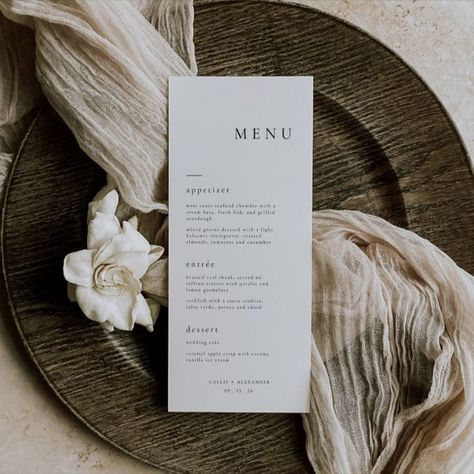 This minimalist wedding menu template has a simple design, perfect for any wedding! Use this template to edit the fonts, font colour, and background colour to match your event needs.
🤍 DEMO LINK:
https://templett.com/design/v2/demo/Lucy96/16986764
🤍 INSTANT DOWNLOAD:
- Access your template after your purchase.
- 100% editable: edit in your browser using TEMPLETT
- No need to download any software
🤍 WHAT'S INCLUDED:
Wedding Menu
- 4x9 inches
-PDF Instructions Guide Wedding Table Menus, Wedding Dinner Menu, Printable Menu, Wedding Menu Template, Wedding Place Settings, Wedding Table Plan, Wedding Menu Cards, Menu Card, Contemporary Wedding