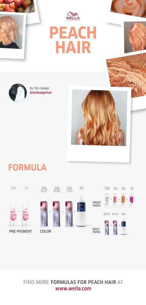 From hyper coral hues to soft peach-pink tones, our Wella Trend Hub has got you covered with the latest Wella Formulas for Peach Hair. Strawberry Blonde Formula Wella, Peach Hair Formula Wella, Peach Toner For Blonde Hair, Peach Blonde Hair Formula, Peach Hair Color Formula, Peach Hair Formula, Wella Formulas, Hair Pigment, Peach Hair Color