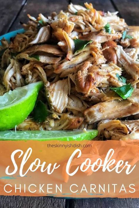 Slow Cooker Chicken Carnitas is a fresh and delicious take on the classic carnitas made with pork. Slow-cooked in lime and orange juice, adobo sauce with chipotle peppers, onions, and spices. Then broiled to aid in drop-dead delicious and slightly crispy bits. These Chicken Carnitas will become your new obsession! Throw this chicken into a taco, burrito, burrito bowl, or salad and dig in. #slowcooker #chickencarnitas Chicken Carnitas, Taco Burrito, Ww Meals, Chipotle Peppers, Healthy Tacos, Adobo Sauce, New Obsession, Burrito Bowl, Easy Dinners