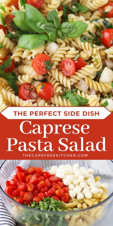 This Caprese Pasta Salad is a quick and easy side dish that is perfect for highlighting fresh, seasonal summer produce. Based on the classic Caprese salad, it’s filled with fresh tomatoes and basil, fresh mozzarella, and perfectly cooked pasta all tossed in our homemade balsamic dressing. Side Dishes With Basil, Capri Pasta Salad, Pasta Caprese Salad, Caprese Macaroni Salad, Pasta Salad With Fresh Mozzarella, Best Caprese Pasta Salad, Classic Caprese Salad, Caprese Salad Pasta, Easy Caprese Pasta Salad