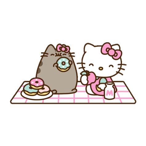 Hello Kitty Home Screen, Cover Screen Gif, Eating Sticker, Hello Kitty And Pusheen, Sanrio Gif, Pusheen Gif, Hello Kitty X Pusheen, Pastel Hello Kitty, Hello Kitty Gif