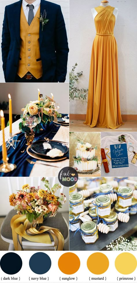 Beautiful fall color combinations of Mustard and Navy blue Color Combos { Primrose Yellow + Sunglow Yellow Pantone 2018 } #color #pantone #yellow #mustard #fallwedding #autumn #autumnwedding wedding Mustard Yellow Wedding, Fall Color Combinations, Blue Yellow Weddings, Mustard Wedding, Yellow Wedding Colors, Spring Wedding Outfit, Yellow Pantone, Primrose Yellow, Yellow Wedding Theme