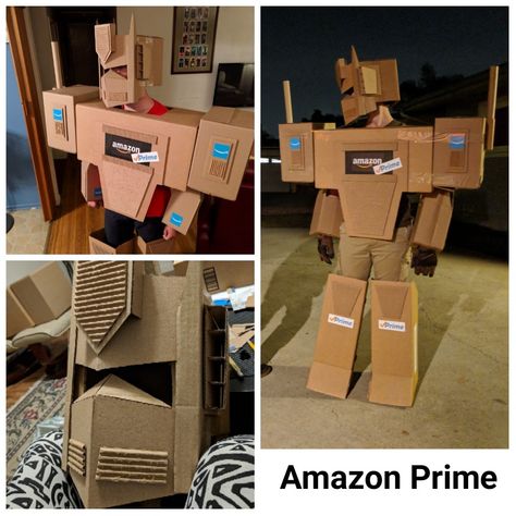 Amazon Prime Halloween Costume DIY Amazon Prime Costume Diy, Robot Costume Diy, Optimus Prime Halloween Costume, Transformer Halloween Costume, Cardboard Box Costume, Paper Mask Diy, Rescue Bots Birthday, Cardboard Robot, Transformer Costume