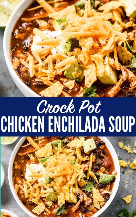 This easy and HEALTHY crockpot chicken enchilada soup recipe with corn, black beans, and fire-roasted tomatoes requires just 5 minutes of prep. Enchilada Soup Slow Cooker, Enchilada Soup Crockpot, Crockpot Chicken Enchilada Soup, Chicken Enchilada Soup Crock Pot, Easy Crockpot Soup, Chicken Enchilada Soup Recipes, Crockpot Chicken Enchiladas, Enchilada Soup Recipe, Soup Recipe Easy