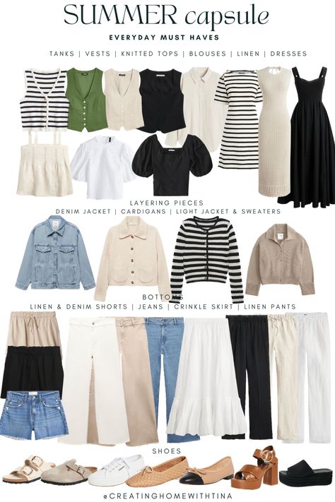 Summer Capsule Wardrobe 2024 • Creating Home European Summer Capsule Wardrobe, Capsule Wardrobe 2024 Summer, Summer Capsule Wardrobe 2024, Linen Capsule Wardrobe, Summer Outfit Capsule, Minimalist Summer Wardrobe, Preppy Capsule Wardrobe, Mom Capsule Wardrobe, Travel Capsule Wardrobe Summer