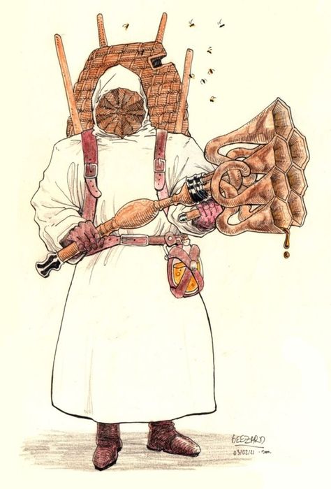 Medieval Beekeeper, Beekeeper Art, Post Apocalyptic Fantasy, Villain Ideas, Medieval Hair, Pretty Illustration, Bug Catcher, Bruegel The Elder, Cartoon Ideas