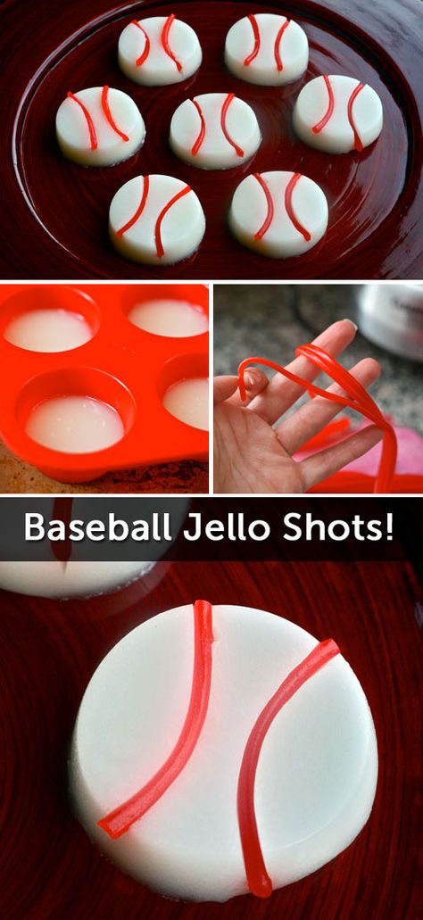 Hit a Home Run with these Baseball Jello Shots! (And yes, Pull N' Peel Twizzlers are involved.) Baseball Jello Shots, Bachelorette Jello Shots, Baseball Bachelorette Party, Baseball Tailgate, Baseball Desserts, Adult Snacks, Sports Snacks, Alcohol Games, Jello Shot