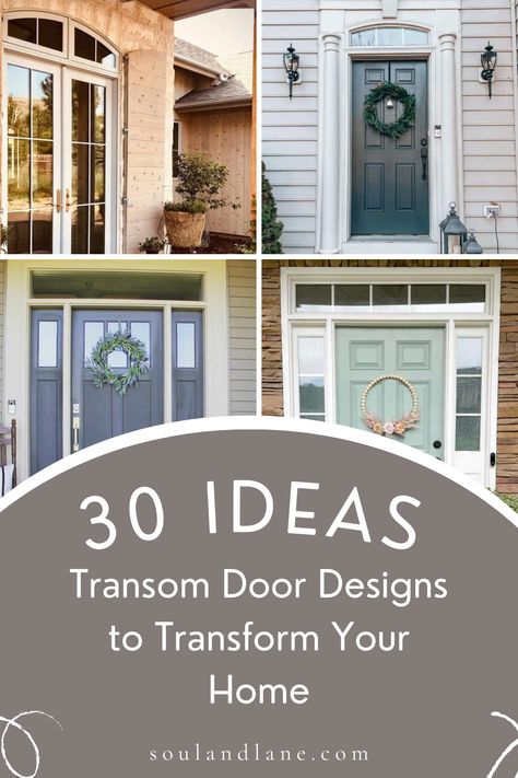 Incorporate a grand entrance door with a transom window above, inviting sunlight to flood your foyer and create a welcoming ambiance. For an interior touch of sophistication, add transom windows above French doors to separate spaces while maintaining an open, airy feel. Choose from clear, frosted, or stained glass transoms to complement your home's style and enhance privacy without sacrificing brightness. In historical or traditional homes, opt for ornate transom designs that pay homage to their Glass Transom Interior, Transom Front Door Entrance, Patio Doors With Transom Windows, Front Doors With Transom And Sidelights, French Style Front Door, Front Doors With Side Panels, Front Door With Side Windows, Grand Entrance Door, Front Doors With Glass Panels