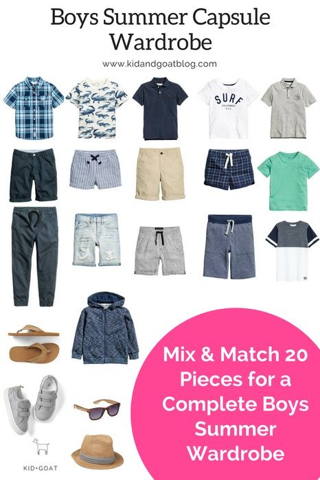 Boys Summer Capsule Wardrobe - 20 Piece Mix and Match Wardrobe for Boys - Create many outfits with just 20 items. (affiliate link) Boys Summer Capsule Wardrobe, Boys Capsule Wardrobe, Kids Closet Ideas, Kids Capsule Wardrobe, Mix And Match Wardrobe, Boys Wardrobe, Toddler Designer Clothes, Boys Summer Fashion