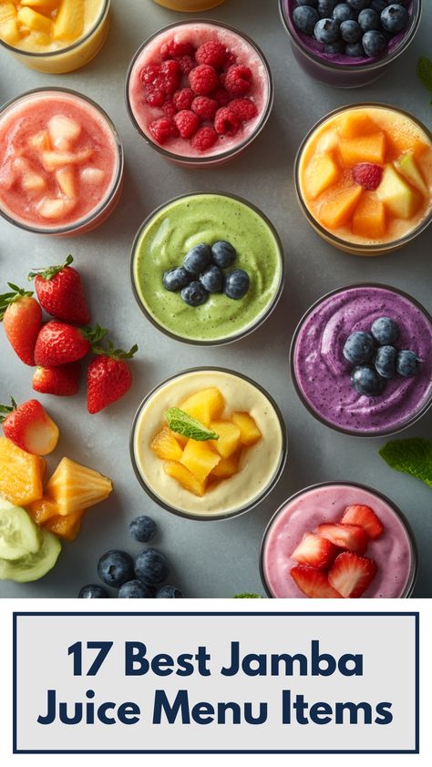 A vibrant display of colorful Jamba Juice smoothies and bowls, showcasing a variety of fresh fruits and ingredients, perfect for a healthy and delicious treat. Jamba Juice Recipes, Jamba Juice Smoothies, Juice Menu, Waffle Bowl, Jamba Juice, Healthy Treat, Yummy Smoothies, Quick Snacks, Menu Items