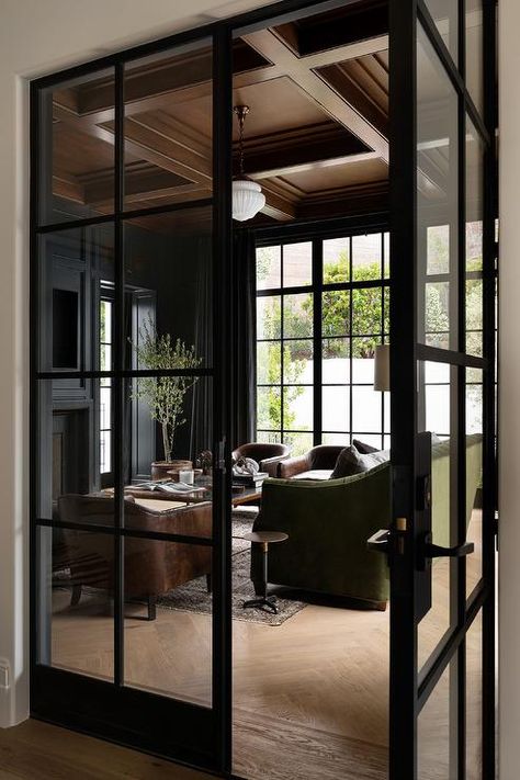 Black French Doors Interior, Home Office Glass Doors, Glass Office Doors, Office French Doors, Office With French Doors, Herringbone Hardwood Floors, Hilltop Estate, Black French Doors, Den Library