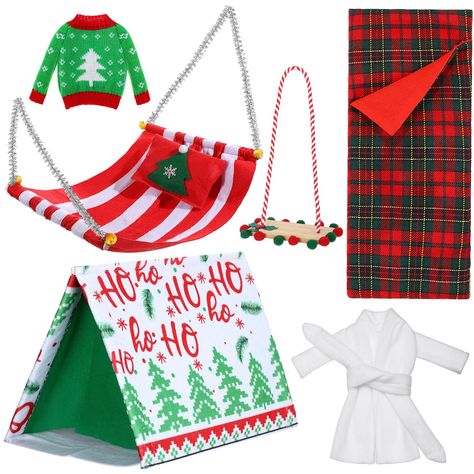 PRICES MAY VARY. Elf Accessories Kit: package includes 6 pieces of elf doll accessories, containing Christmas themed tent, sleeping bag, sweater, bathrobe, swing and elf Christmas hammock; Interesting combination to meet your elf decorating demands Reliable Material: these elf sleeping bag and bathrobe are made of cotton and polyester material, soft and comfortable, reliable for little to use, can be washed by hands or washing machine, not easy to fade or pilling, can be reused and lasting Chris Elf Camping, Elf Sleeping, Christmas Tent, Christmas Elf Doll, Elf Kit, Awesome Elf On The Shelf Ideas, Cute Wallpapers For Ipad, Elf Fun, Elf Doll