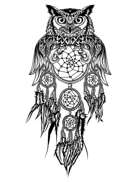 Tattoo and tshirt design owl and dream c... | Premium Vector #Freepik #vector #hand #ornament #line #bird Owl Dreamcatcher Tattoo, Dream Catcher Tattoo Design, Owl Artwork, Dream Catcher Tattoo, Owl Tattoo Design, True Tattoo, Flash Tattoos, Latest Tattoos, Owls Drawing