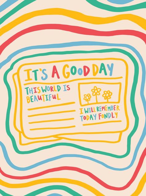 Mar 9, 2021 - Buy 'it's a good day newspaper illustration' by Lexie Pitzen as a Poster Colorful Poster Prints, Work Out Illustration, A Good Day, Cute Illustration Quotes, Good Day Illustration, Good Day Aesthetic, Posters Apartment, Cute Wall Prints, Good News Quotes