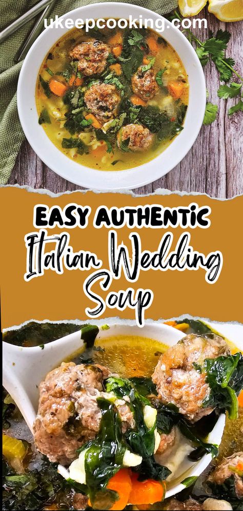 Easy Authentic Italian Wedding Soup is a comforting and healthy dish made with tender meatballs and fresh veggies. This classic Italian soup can be made in the crockpot or Instant Pot for a simple, flavorful meal. Perfect for cozy family dinners! Healthy Wedding Soup, Authentic Italian Wedding, Italian Wedding Soup Authentic, Healthy Meatballs, Tiny Pasta, Italian Wedding Soup Recipe, Healthy Italian, Wedding Soup, Instant Pot Soup Recipes