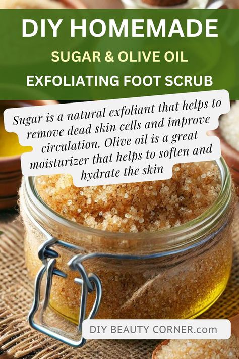 Homemade Sugar and Olive Oil Foot Scrub Recipe Diy Foot Scrub Recipes, Foot Scrub Recipe, Homemade Foot Scrub, Natural Scrub, Scrub Diy, Sugar Scrub Homemade, Homemade Scrub, Home Spa Treatments, Sugar Scrub Diy