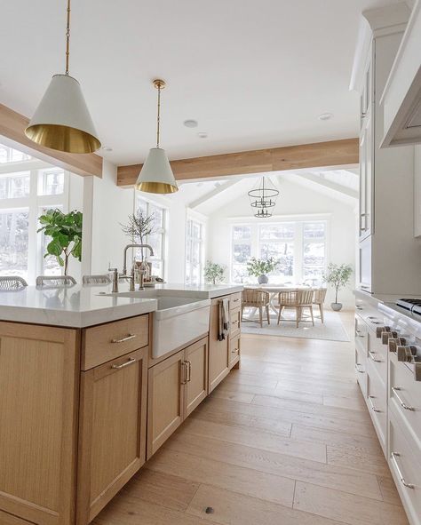 Large White Island Kitchen, White Shaker Kitchen With Oak Island, Oak Floor White Walls, Polished Nickel On White Oak, White Kitchen With White Oak Accents, Maple Island Kitchen, White Oak Lvt Flooring, Flooring White Kitchen, Maple Kitchen Island