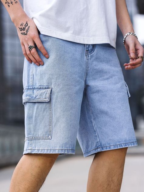 Light Wash    Denim Plain Bermuda Embellished Non-Stretch  Men Denim Shorts Denim, Cheap Denim Blue Men's Shorts, Cheap Jean Shorts For Streetwear With Built-in Liner, Denim Bottoms With Built-in Shorts For Streetwear, Men’s Denim Shorts, Mens Denim Shorts, Short Jeans, Summer Denim, Zara Man