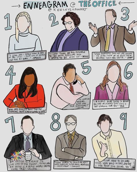 Keeley Shaw Art on Instagram: “👋🏻Here we are...my attempt at solving the Office enneagram puzzle giving 9 characters nine different types🤯 I went back and forth on…” Enneagram Humor, Type 7 Enneagram, Type 6 Enneagram, Type 4 Enneagram, Enneagram Type One, Enneagram 6, Enneagram 1, Enneagram Type 2, Enneagram Test