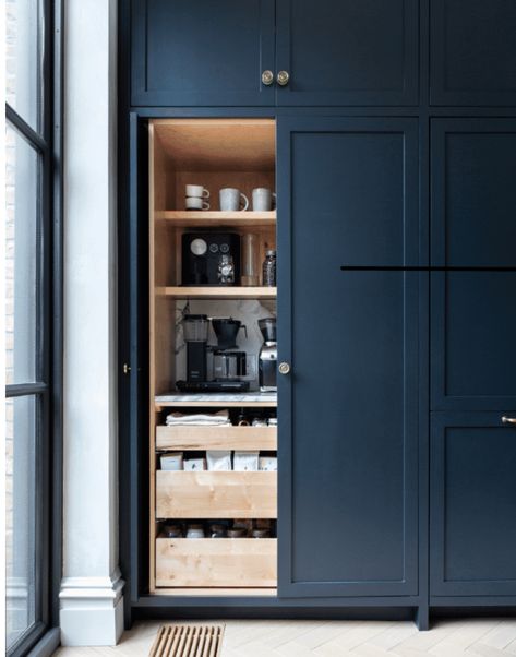 Love the usability of this pantry -- the inside drawers and shelves. Would be a great place for my mini/toaster oven. Blue Appliances, Coffee Maker Cleaning, Athena Calderone, Coffee Decor Kitchen, Kitchen Pantry Design, Kitchen Pantry Cabinets, Popular Kitchens, Pantry Design, Pantry Cabinet