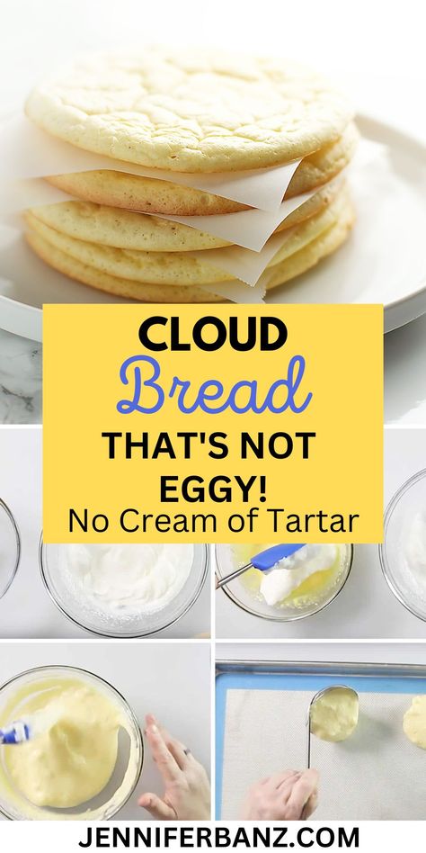 Cloud bread, also known as oopsie rolls, is an old keto bread recipe that people have been making for years. My version is not eggy and doesn't have any cream of tartar. I also give alternatives to the cream cheese (even dairy free). Keto Brood, Keto Bread Recipe, Low Carb Low Fat Recipes, Lowest Carb Bread Recipe, Cloud Bread, No Carb Recipes, Diet Breakfast Recipes, High Fat Foods, Läcker Mat