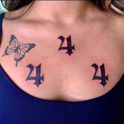 Chest 444 angel number tattoo by @yourpalerabbit Angel Number Tattoo Designs, Angel Number Tattoo Ideas, Number Tattoo Ideas, 444 Angel Number, Angel Number Tattoo, Numerical Patterns, Angel Number 888, Angel 444, Angel Number 777