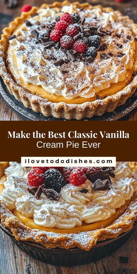 Discover the timeless charm of classic vanilla cream pie, a dessert that has delighted taste buds for generations. With its creamy custard filling, buttery crust, and fluffy whipped cream topping, this elegant treat is perfect for any occasion, from family gatherings to special celebrations. Learn about its rich history, essential ingredients, and step-by-step instructions for creating this comforting classic. Dive into the art of baking and make lasting memories with every slice! Vanilla Cream Pie, Whipped Cream Topping, Custard Filling, Vanilla Cream, Dessert Ideas, Custard, Family Gatherings, Whipped Cream, Taste Buds